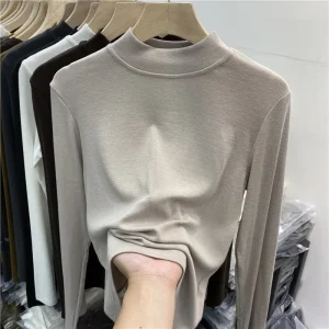Camicia base con colletto alla coreana in velluto per donna T-shirt in cotone a maniche lunghe 2025 Autunno Inverno Nuovo collo semi-alto Top interno versatile 1
