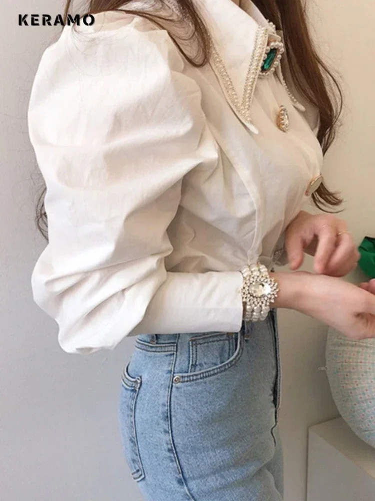 Camicette di lusso con perline eleganti con colletto rovesciato stile francese 2024 Camicie chic da sera casual a maniche lunghe da donna autunno 2024 Top 6
