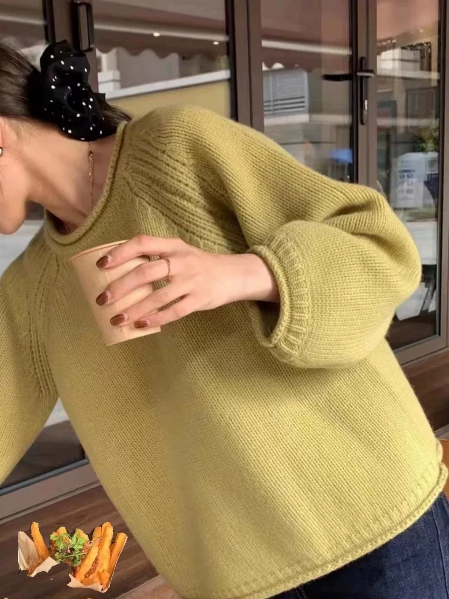 Nuovo maglione da donna in puro cashmere autunno e inverno con fondo maglione lavorato a maglia sciolto con collo rotondo e bordo arrotolato spesso 5