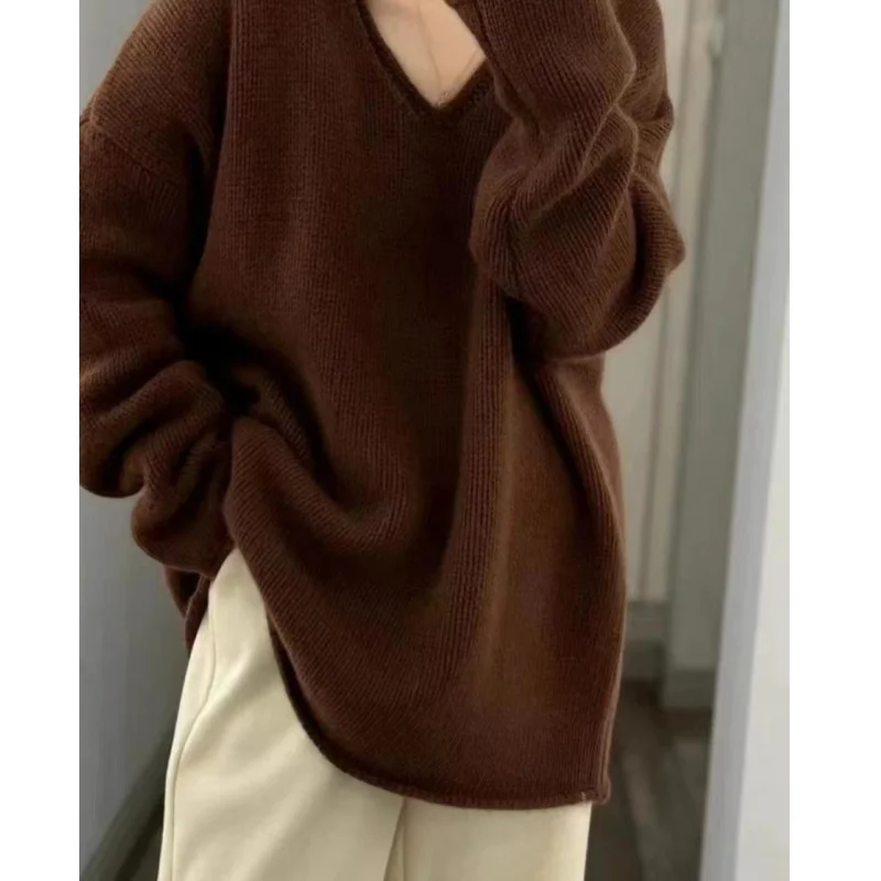 Autunno e Inverno Nuovo 100% Lana e Cashmere Maglione da Donna con Scollo a V Pullover Lavorato a Maglia Allentato Moda Top da Donna di Vendita Caldo 3