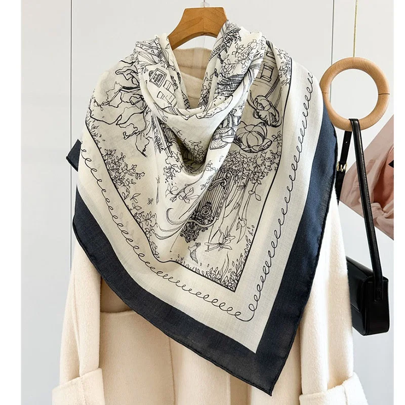 2025 Sciarpe di lana invernali da donna avvolge grande quadrato elegante scialle di lana mantello nero bianco stampato 130x130 cm 2