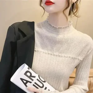 Primavera Autunno Vendita calda della stagione Camicia da donna dolce versatile slim fit con base in pizzo Mezza collo alto Top lavorato a maglia Abbigliamento interno Fa 1