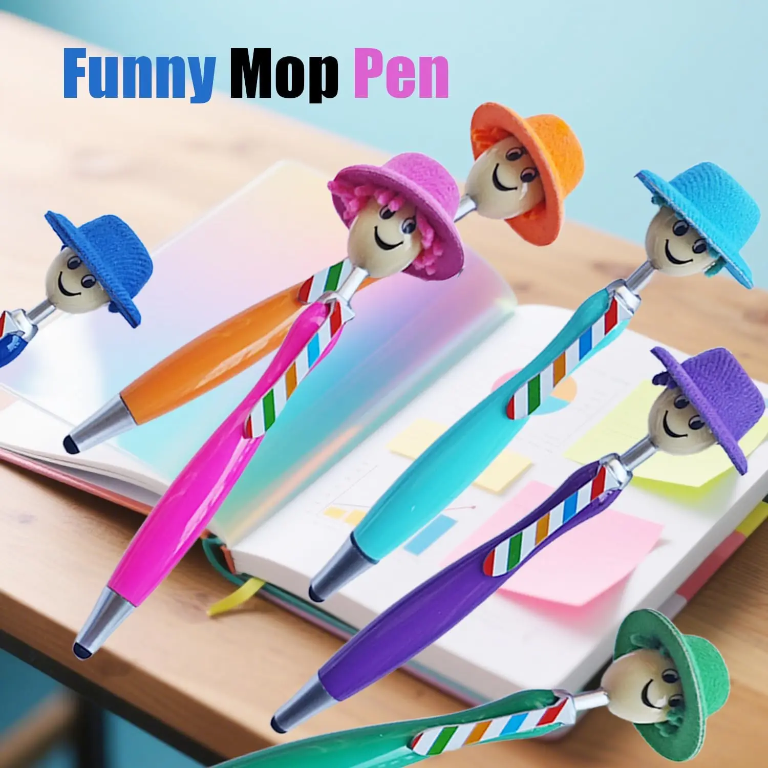 6 pezzi di penna a sfera con testa per mop, penna per mop con cappello, penna a sfera creativa in peluche con punta divertente, adatta per ufficio e scuola 3