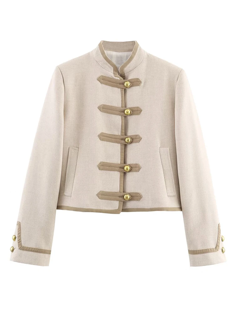 HH Donna Moda invernale Versatile colletto alla coreana Spalla imbottita con nodo in corda Giacca monopetto Cappotto con tasche casual chic femminile 3