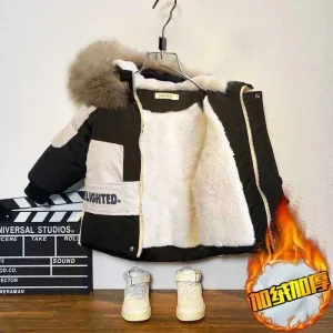 Cappotti caldi in pile per ragazzi Inverno Addensare più vestiti di cotone in velluto Giacche Autunno Bambini Cappotto con cappuccio peloso Capispalla per bambini 1