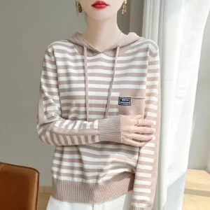 Felpa con cappuccio americana da donna Base ampia 2025 Primavera e autunno Nuovo articolo Giacca casual con top maglione lavorato a maglia con cappuccio 1