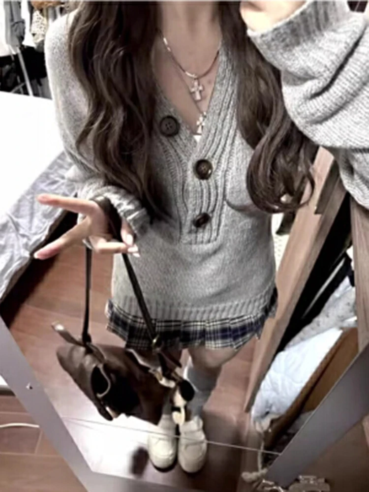 Maglione Aoaiiys da donna maglioni lavorati a maglia a maniche lunghe grigio Spice Girls pullover sottile autunno inverno nuovi comodi maglioni casual 5