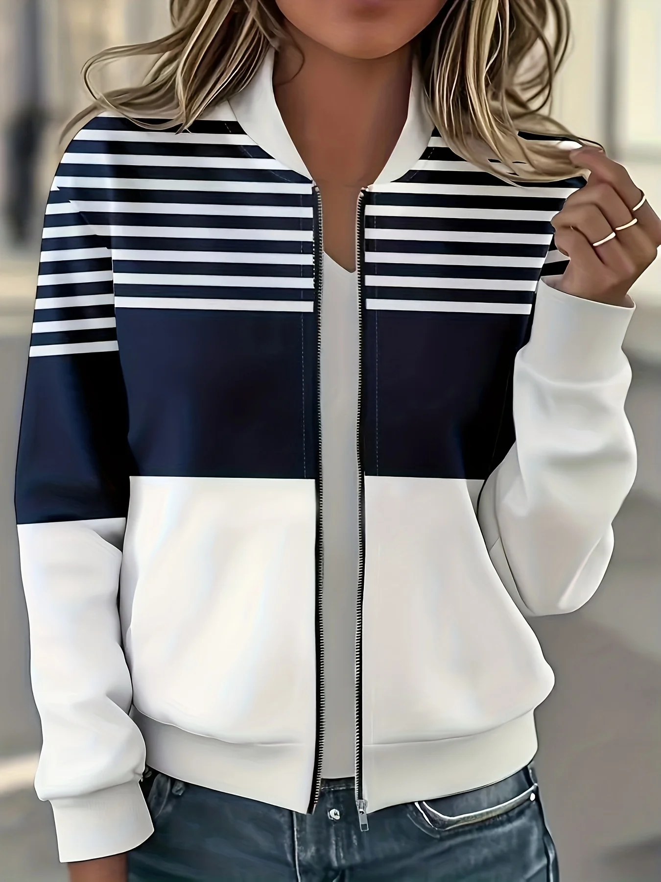 Primavera e autunno nuova moda donna stampa a righe cerniera capispalla giacca da donna casual manica lunga maglia da baseball Top 2