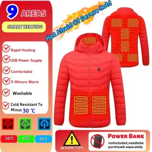 Giacca riscaldata da 9 aree Uomo Donna Parka 4 interruttori USB Abbigliamento autoriscaldante Cappotto invernale imbottito da campeggio con cappuccio staccabile 1