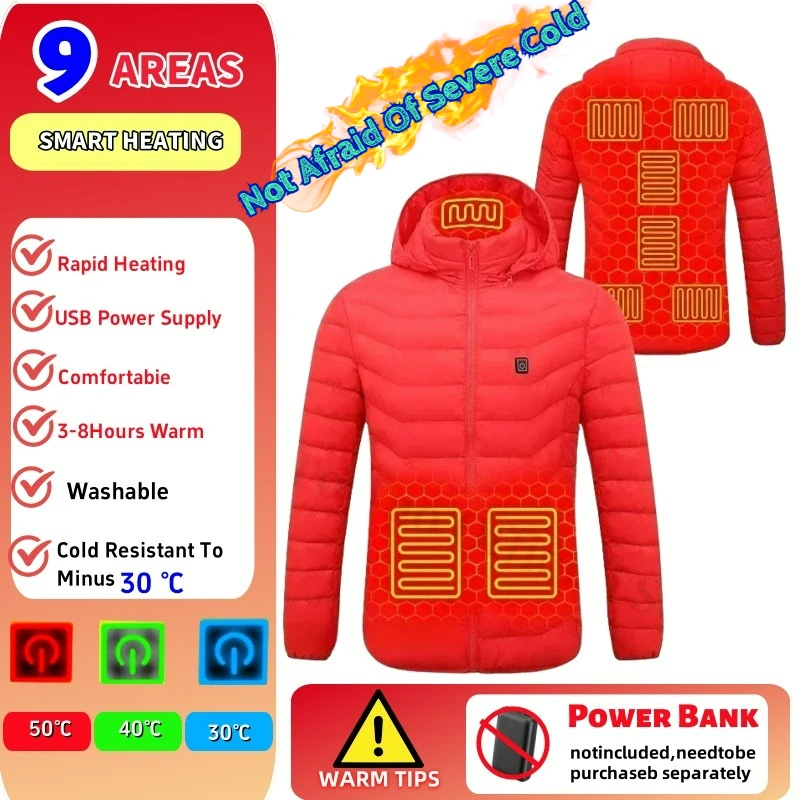 Giacca riscaldata da 9 aree Uomo Donna Parka 4 interruttori USB Abbigliamento autoriscaldante Cappotto invernale imbottito da campeggio con cappuccio staccabile 1
