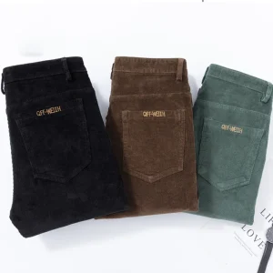 Pantaloni casual da uomo in tessuto di velluto a coste con gamba dritta solida Pantaloni da ufficio da caffè verde militare maschile Pantaloni eleganti per l'autunno inverno della gioventù 1