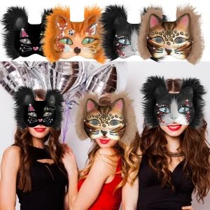 13 pezzi kit maschera per gatti fai da te kit maschera Therian vuota con adesivo striscia di pelliccia maschera di carta per travestimento fai da te per Halloween Pasqua Cosplay 1