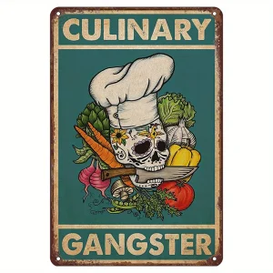 Targa in metallo retrò Gangster culinario - Teschio da chef vintage con coltelli incrociati e arte di verdure, (30x20 cm) Divertente arredamento da cucina per 1
