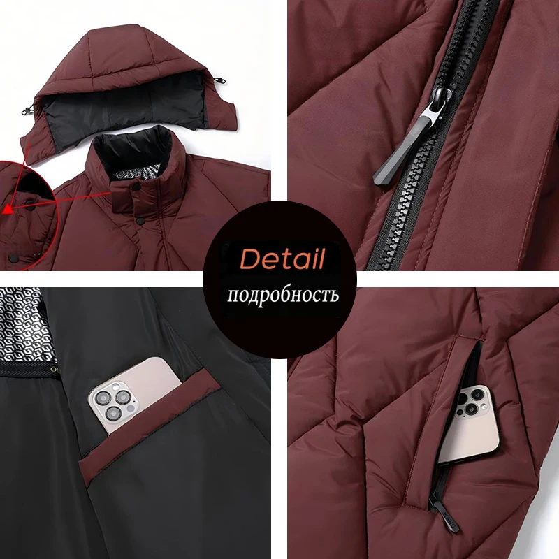Giacca invernale da uomo antivento moda casual Giacca da uomo con cappuccio imbottita Giacche da esterno Cappello staccabile maschile Giacca spessa Giacca a vento Parka 6