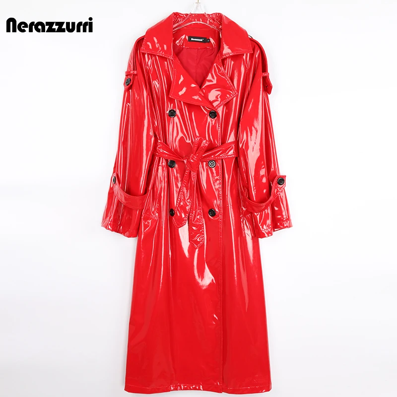 Trench Nerazzurri autunno lungo rosso impermeabile lucido riflettente in pelle verniciata per donna doppio petto Plus Size moda 3