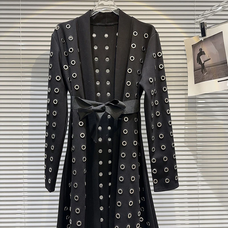 KUCLUT 2025 Autunno Nuovo Trendy Anello Rotondo Hollow Metal Lace-up Design Trench a maniche lunghe per le donne Cardigan allentato 1A884 3