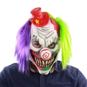 Maschera da clown spaventoso con capelli verdi viola Maschera da sorriso horror Costume da clown raccapricciante Halloween Huanted House Prop 1