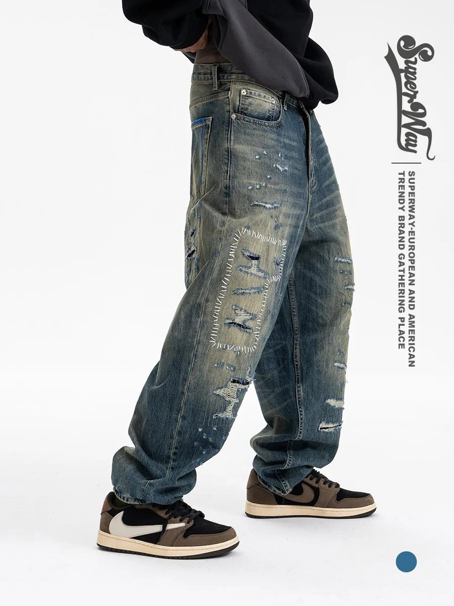 2025 Autunno/Inverno nuovi pantaloni casual realizzati pesanti di marca alla moda, jeans da uomo a gamba larga da cowshed 3