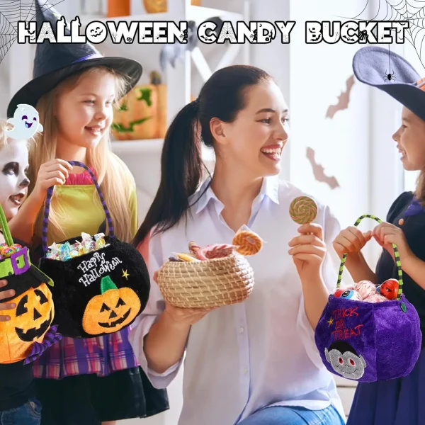 Secchio per dolcetti o scherzetto in peluche di zucca di Halloween 6,3x4,7 pollici - Simpatico cestino per caramelle mostro per bambini con manico 4