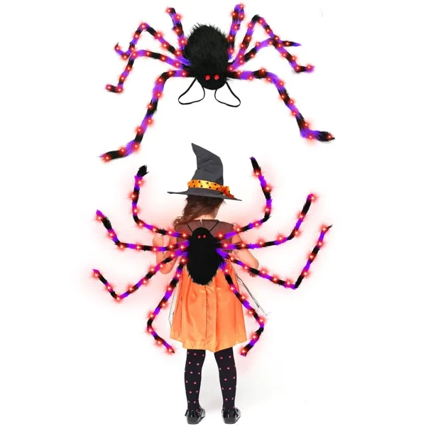 Spaventoso costume da ragno di Halloween 2 in 1 LED per cosplay, costume da zaino da ragno in peluche con luce viola 1