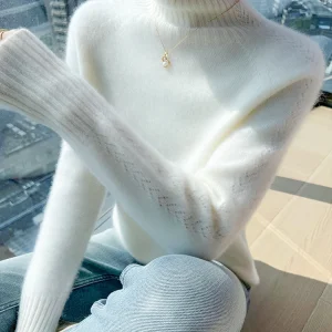 Autunno Inverno Maglione Donna Pullover 100% Lana Merino Maglione Collo Alto Vestiti Maglia Calda All'interno Unisciti Scava Fuori Maniche Raglan 1