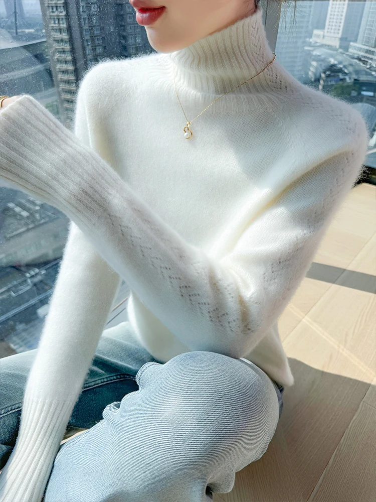 Autunno Inverno Maglione Donna Pullover 100% Lana Merino Maglione Collo Alto Vestiti Maglia Calda All'interno Unisciti Scava Fuori Maniche Raglan 1