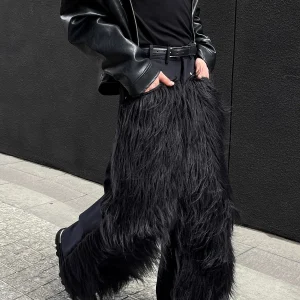 Mauroicardi Autunno Inverno Lungo Nero Spessore Caldo Peloso Shaggy Pelliccia Sintetica Pantaloni a Gamba Larga per Uomo Abiti di Design di Lusso Streetwear 1
