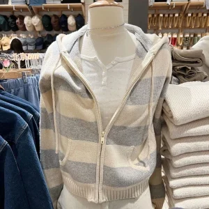 Cardigan maglione corto lavorato a maglia a righe donna autunno manica lunga con cappuccio cerniera corta streetwear maglieria maglioni Y2K Crop Top 1