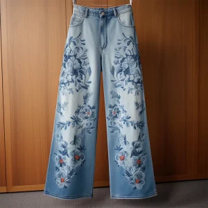 Jeans dritti ricamati Donna 2025 Pantaloni in denim di nuova moda Donna Autunno Pantaloni a gamba larga a vita alta Pantaloni casual da donna 1