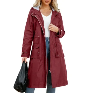 Trench da donna a maniche lunghe con cappuccio in tinta unita con giacca a tubino a righe e dritto elegante giacca a vento in stile britannico 1