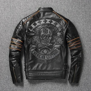 2024 New Skull ricamo giacca da uomo in pelle di vacchetta primo strato cappotto Oversize sottile da moto 1