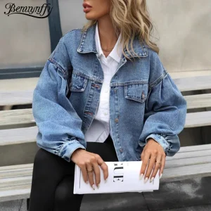 Benuynffy 2025 Autunno Vintage Giacca di jeans con maniche a lanterna Donna Casual Streetwear Monopetto Allentato Corto Jean Giubbotti 1
