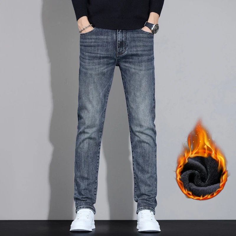 Jeans in velluto spesso in pile invernale da uomo Pantaloni americani slim fit caldi elastici Pantaloni casual semplici in denim alla moda comodi 3