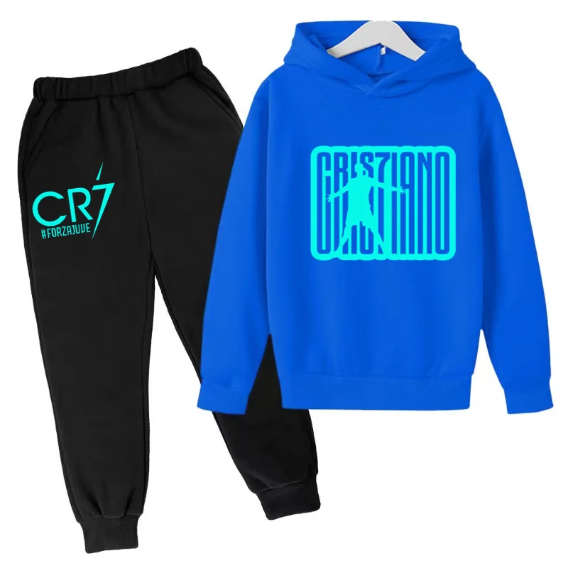 Abbigliamento per bambini 3-12Y felpa con cappuccio Football CR7 Print felpa Top + pantaloni 2P ragazzi ragazze bambino cappotto sportivo Set da Jogging Casual 2