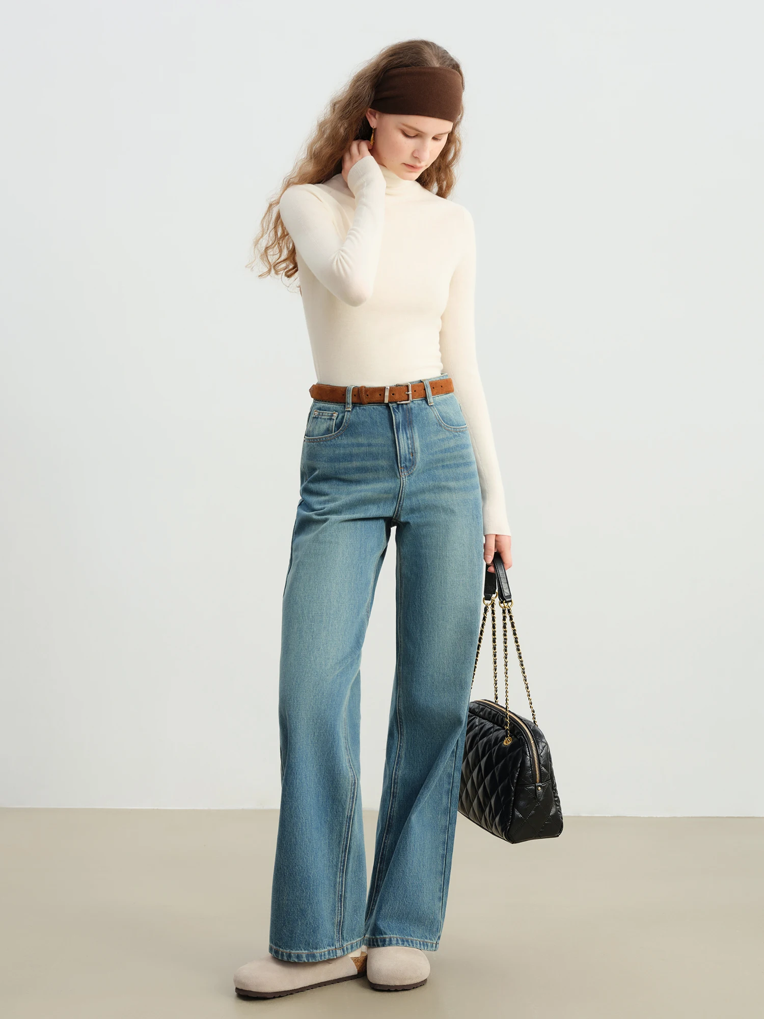 ZIQIAO Petite Jeans a gamba dritta blu lavati vintage da donna 2025 Autunno Inverno Nuovo arrivo Pantaloni a gamba larga stretta 4