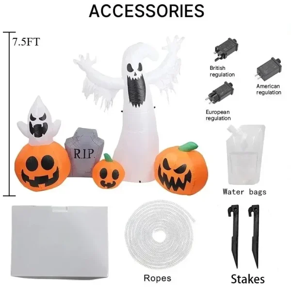 Decorazione gonfiabile per Halloween da 7,5 piedi - Fantasma e zucca con LED, ideale per oggetti di scena di casa, cortile, giardino e sala 4