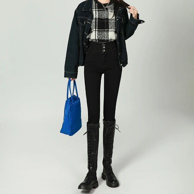 OUSSYU Jeans da donna in velluto spesso invernale Pantaloni skinny a vita alta Pantaloni a matita in denim casual da donna elasticizzati slim in pile caldo 4