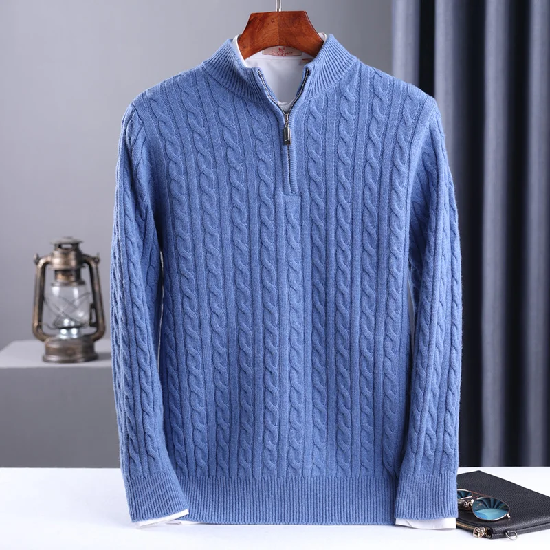 Autunno inverno 100% lana Pullover sottile da uomo con cerniera collo mezzo alto maglione lavorato a maglia in Cashmere spesso Business Casual Top di grandi dimensioni 3