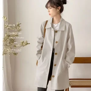 Giacca da donna semplice di media lunghezza Primavera Autunno Studente Colore puro Cappotto ampio versatile Capispalla basic stile coreano 1