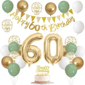 Sage Green Gold White 60th Birthday Decorations for Birthday Balloons Happy 60th Birthday Banner Cake Topper 60 anni Decor 1