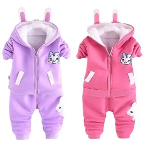 Nuovi set per bambini autunno inverno peluche spesso abbigliamento in cotone ragazzo ragazza cartoni animati cappotto con cappuccio + pantaloni 2 pezzi tuta per bambini 0-5Y 1