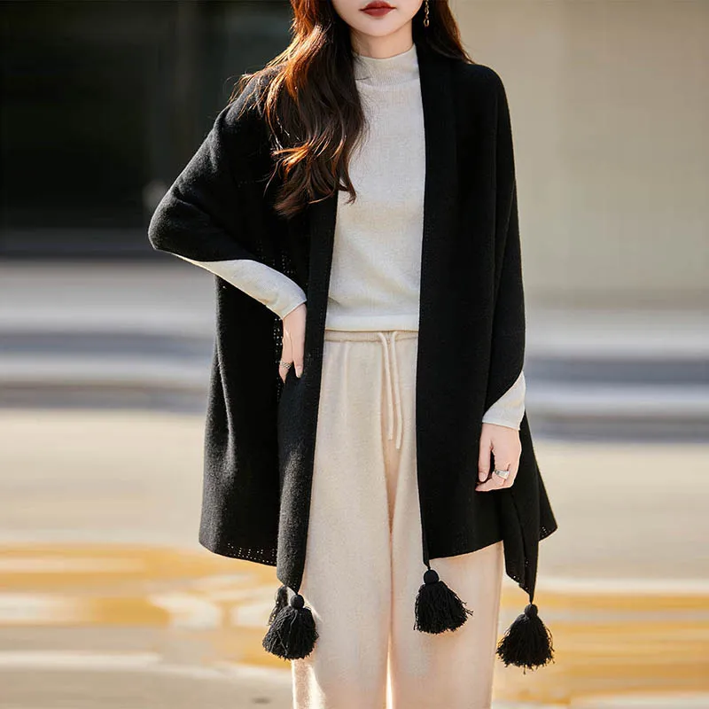 2025 Donna 100% lana merino maglione scialle cardigan lungo autunno inverno semplice chic maglieria casual sciarpa scialle con frange in pura lana 2