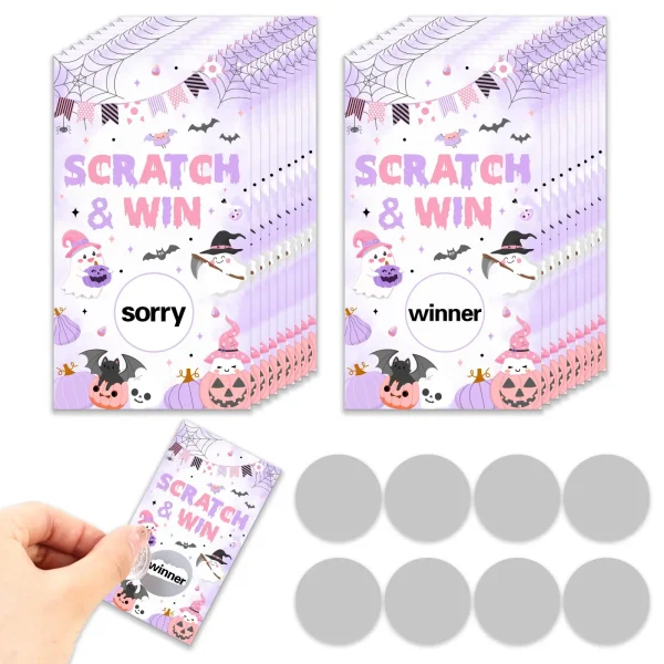 1 set da 50 confezioni di carte da grattare per Halloween rosa viola biglietti da gioco per feste lotteria premio rifa con carino 1