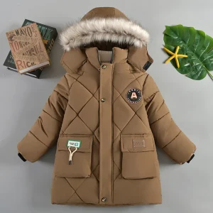 Nuovo Inverno Ragazzi Giacca Stile Lungo Lettera Stampa Spessore Caldo Cappotto Con Cappuccio Collo di Pelliccia Imbottiture Cotone Tuta Sportiva Per 4-10 Anni Bambini 1
