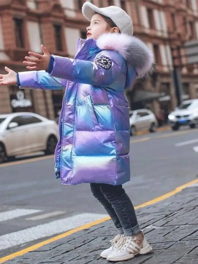 Inverno Ragazze Lucido Con Cappuccio Piumino Collo di Pelliccia Cappotto Antivento Adolescente Tuta Sportiva Per Bambini Parka Snowsuit Abbigliamento Nuovo 5-14 Anni 3