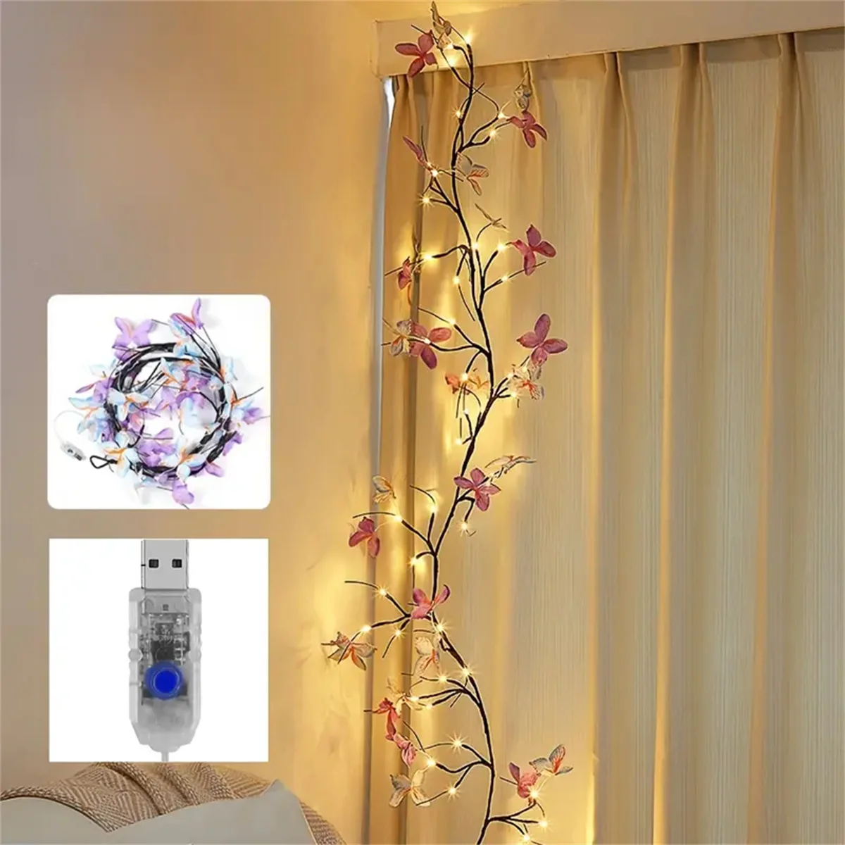 1PC/2PC 30Led Willow Vine String Light 1.3M 8 modalità USB Farfalla Festival Decorazione della stanza Luci da parete per interni ed esterni 4