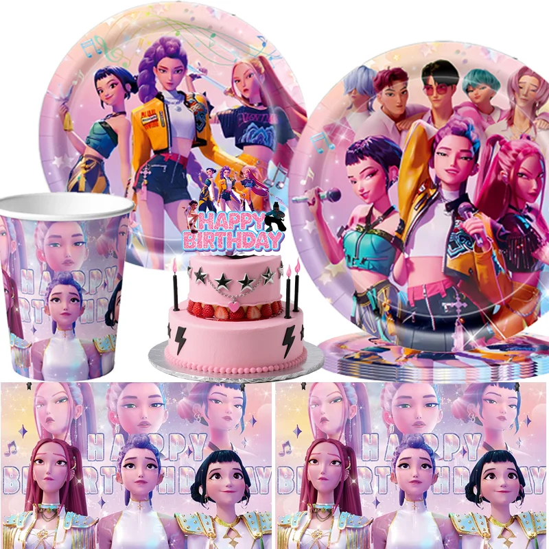 Kpop Demon Hunters Decorazione di compleanno Festa a tema Kit di stoviglie Tazze Piatto Tovaglioli Sfondo Banner Compleanno per ragazze Deco Forniture 1