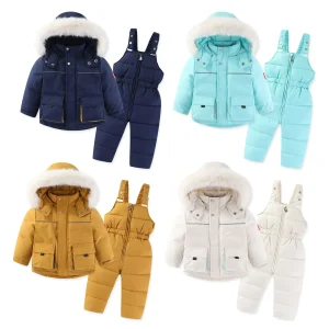 2 pezzi inverno piumino per bambini tuta antivento con cappuccio collo in pelliccia Parka abbigliamento e pantaloni set bambini caldo cappotto da neve 0-4 anni 1