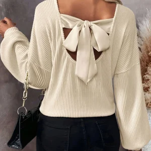 2025 Autunno Donna Scollo a V Manica lunga Lace-up Top lavorato a maglia Inverno Solid Colo Elegante maglione casual Pullover allentato Maglieria 1