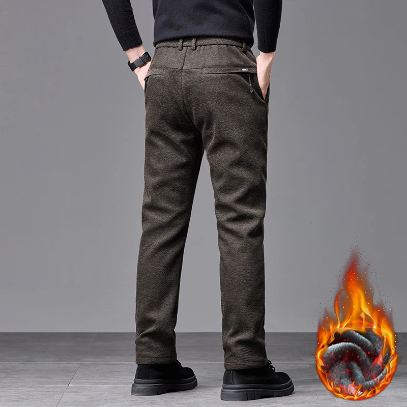 Pantaloni casual elastici in pile invernale da uomo spessi caldi morbidi pantaloni slim elasticizzati da lavoro streetwear moda abiti di marca coreana 6